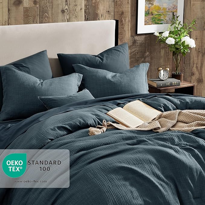 Geniospin Oversized King Comforter Set - 7 Pieces Navy Blue Oversized King Bedding Set, Solid Bed Set for All Season, Textured Bed in a Bag with Flat Sheet and Fitted Sheet, Pillowcases and Shams