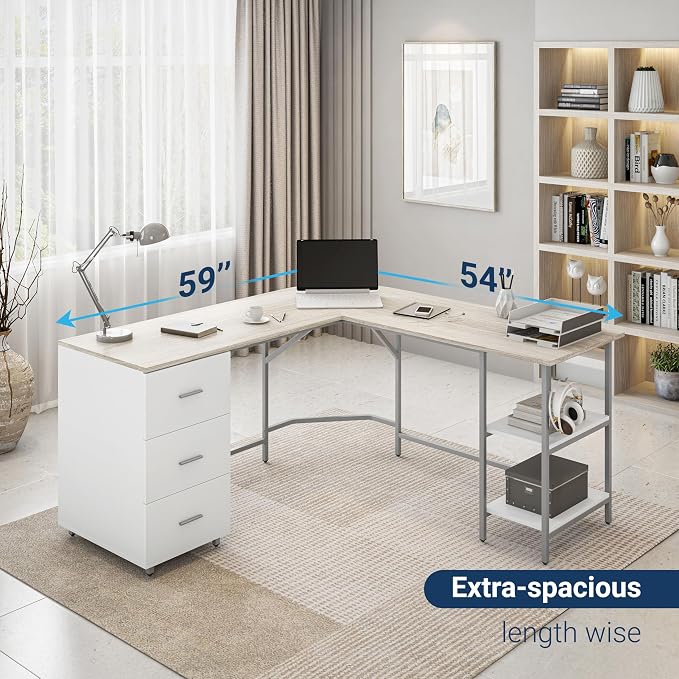 Techni Mobili L Shaped Desk - Two-Toned Computer Desk with Drawers & Storage Shelves - Simple Modern Furniture & Home Office Space Corner Table for Work & Writing