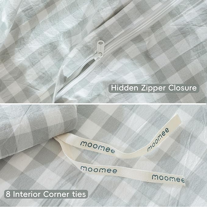 MooMee Gingham Duvet Cover Set 100% Washed Cotton Linen Like Textured Breathable Durable Soft Comfy Modern Checkered Design (Northern Droplet Grey Gingham, Super Queen 90"x98")