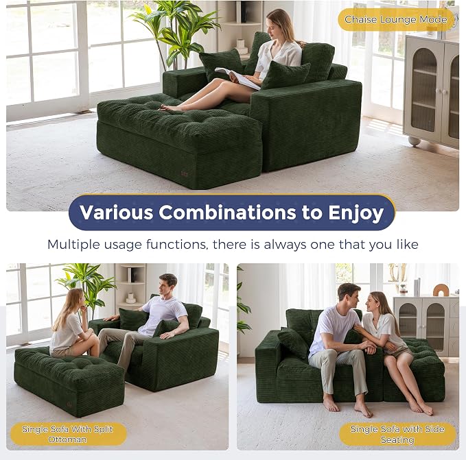MAXYOYO Oversized Chaise Lounge Sofa, Upholstered Lounge Chair with 3 Pillows, Tufted Boneless Sofa Couch with Ottoman, Deep Seat Chair for Living Room, Bedroom, No Assembly, Dark Green