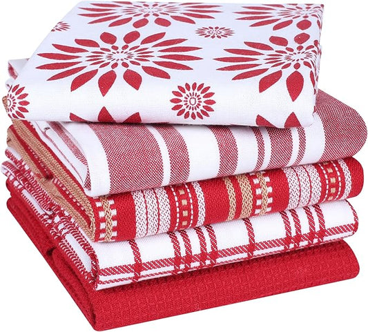 Assorted Kitchen Towels Large 16x26 inches 100% Cotton Set of 5 - Soft Absorbent Washable Tea Towel for Kitchen - Dish Cloths with Hanging Loop - Quick Drying Dish Towels Red