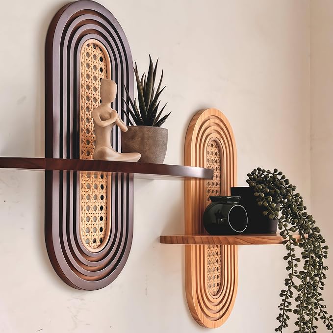 1pc Mid-Century Modern Wall Shelf - Arched Wood & Woven PE Rattan Boho Decorative Floating Shelf, Vintage Aesthetic Decor for Living Room, Bedroom, Kitchen & Home Office (Natural)