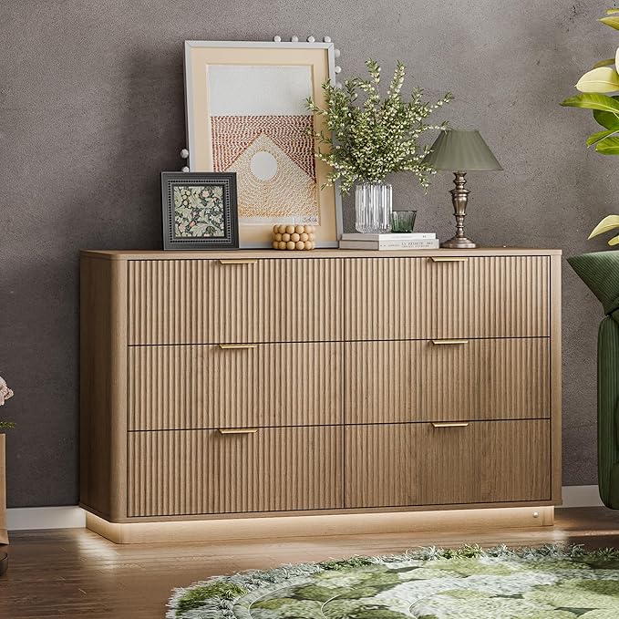 Fluted Dresser for Bedroom with 6 Drawers, 54" Wide Modern Chest of Drawers with Lighting, Wooden Dresser TV Stand with Curved Edges, Closet Organizer for Living Room, Hallway,Natural