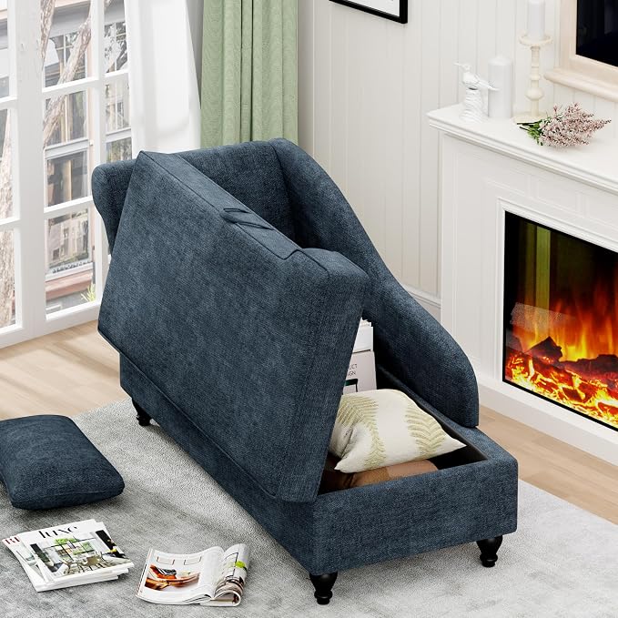Storage Chaise Lounge Indoor, Upholstered Chaise Lounge Chair with Storage for Bedroom Living Room Office Blue Chenille Fabric (Left Armrest)