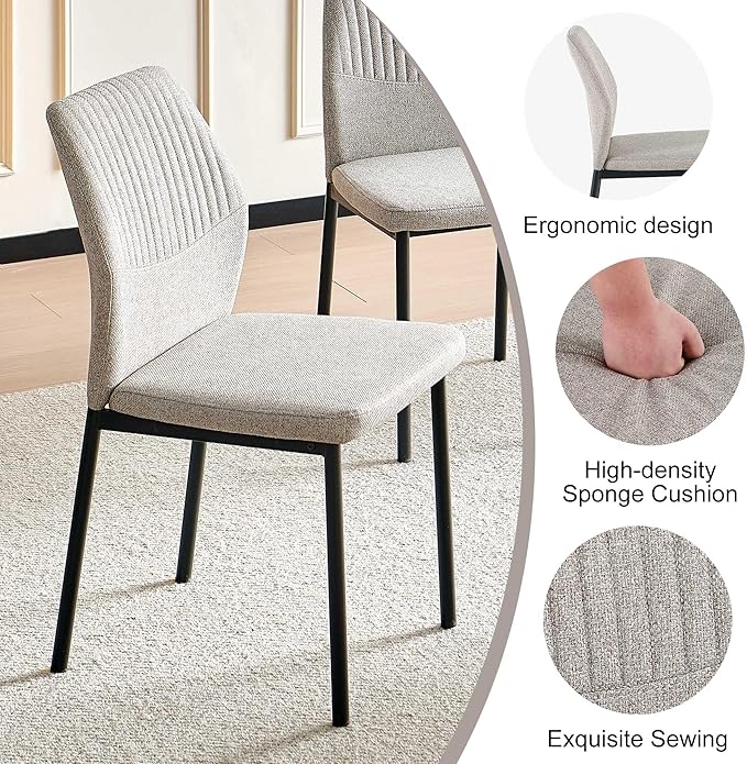 Dining Chairs Set of 4, Light Brown Linen Fabric Dining Chairs, Comfortable Upholstered Armless Kitchen Chairs with Black Metal Legs for Living Room, Dining Room, Kitchen