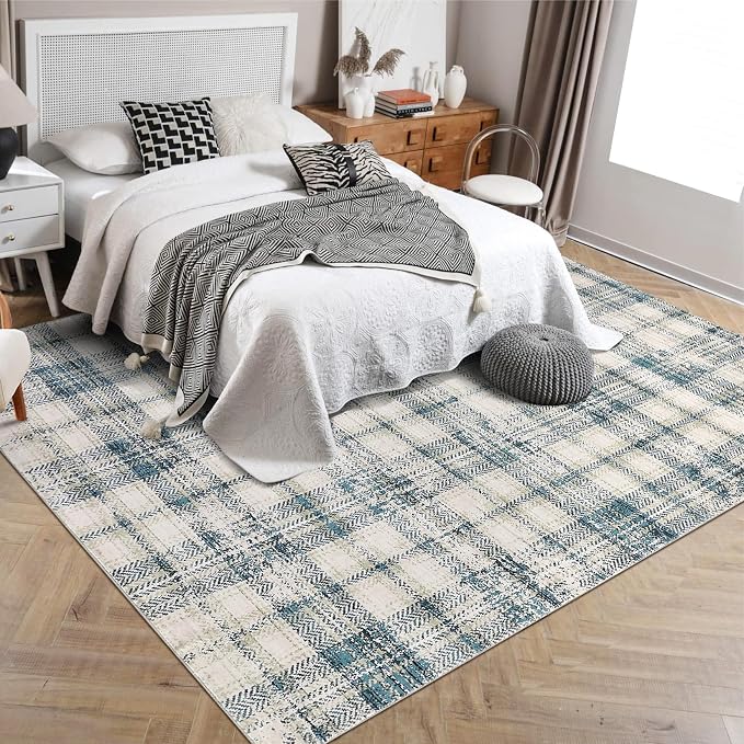 Modern Plaid Area Rugs 9x12 Living Room Washable Soft Rugs for Bedroom Tartan Large Rug Non Slip Throw Rugs Stain Resistant Carpet for Dining Room Office Nursery Rug 9'x12' Green/Beige