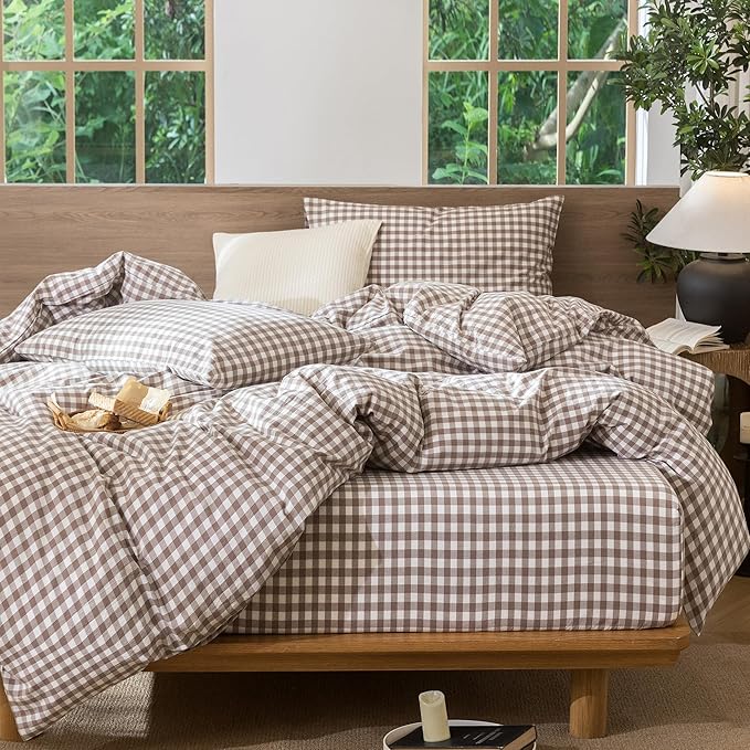 MooMee Gingham Duvet Cover Set 100% Washed Cotton Linen Like Textured Breathable Durable Soft Comfy Modern Checkered Design (Brown Gingham, Super Queen 90"x98")