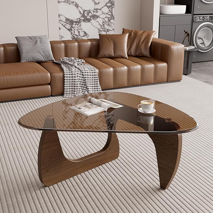 Modern Glass Coffee Table, Triangle Center Table with Tempered Glass Top& Unique Wooden Base, 31.5” Mid Century Tea Tables for Living Room, Apartment, Office,Walnut & Brown