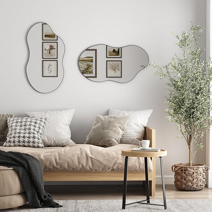 SHYFOY Asymmetrical Wall Mirror Decorative, 22"x43" Black Asymmetrical Mirrors with Metal Frame for Wall Decor, Wavy Wall Mirror for Living Room Abstract Mirror