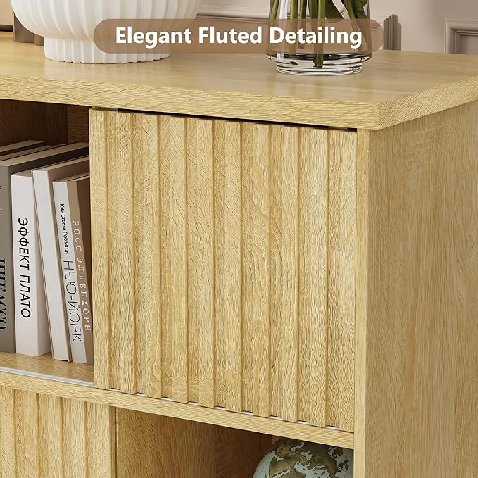 Einhomn 8 Cube Storage Organizer with Sliding Doors, Modern Fluted Bookshelf with Storage Cabinet, Wooden Bookcase with 4 Open Shelves for Living Room, Home Office, Bedroom, Natural