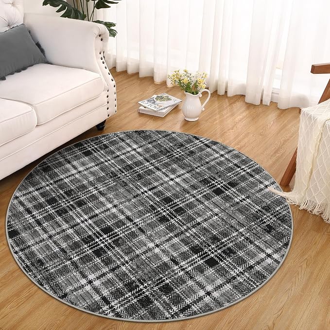 Tartan Plaid Washable Round Rugs 4ft, Non-Slip Soft Ultra-Thin, Small Round Rug Circle Stain Resistant Low Pile Carpet for Entryway Kitchen Bedroom Nursery Bathroom, Black