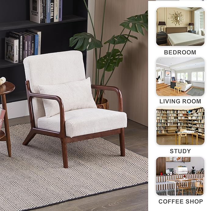Accent Chairs Set of 2, Mid Century Modern Chair with Pillow, Arm Chair with Solid Wood, Reading Relaxing Leisure Chair for Living Room, Waiting Room, White