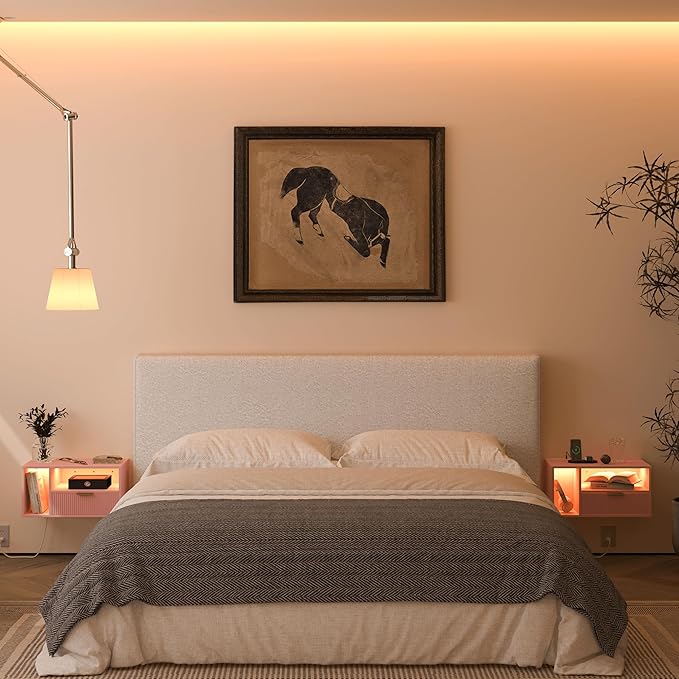Pink Floating Nightstand with Charging Station and LED Lights,Pink