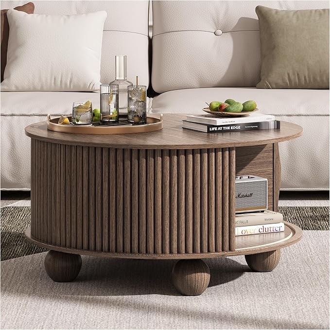 Round Coffee Table with Storage, 31.5" Walnut Fluted Drum Center Table, Mid Century Modern Wood Circle Table with Sliding Door & Bun Feet for Living Room