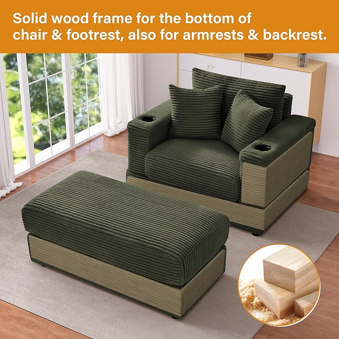Oversized Chaise Lounge Chair Indoor with Adjustable Backrest, USB, Cup Holder & Ottoman, Firm Solid Wood Frame with Long Service Life Corduroy Oversized Lounge Reading Chair for Study Room - Green
