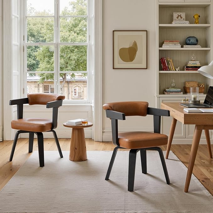 Art Leon Home Office Desk Chair - Mid Century Modern Chair, Faux Leather Office Chair No Wheels, Comfy Accent Arm Chair with Wood Legs for Small Spaces Living Room Bedroom Study, Black/Walnut