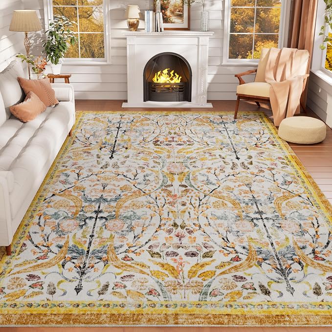 AMTOVO 5x7 Washable Area Rugs for Bedroom, Vintage Boho Floral Distressed Print Non-Slip Carpet, Soft Colorful Rug for Living Room Dining Room Nursery Farmhouse Girls Room, Golden Yellow