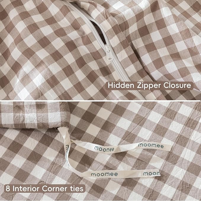 MooMee Gingham Duvet Cover Set 100% Washed Cotton Linen Like Textured Breathable Durable Soft Comfy Modern Checkered Design (Brown Gingham, Queen 90"x90")