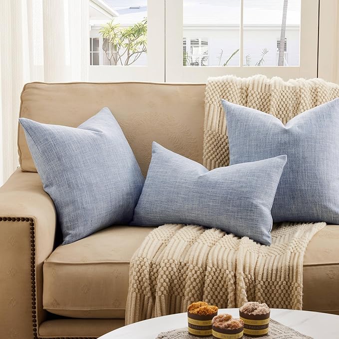 ZeeMart Rustic Cotton Linen Throw Pillow Covers Set of 2, 22x22 Inch Blue, Farmhouse Style Decorative Couch Pillow Cases Dusty Blue Cushion Covers for Sofa Bed Living Room Home Decor