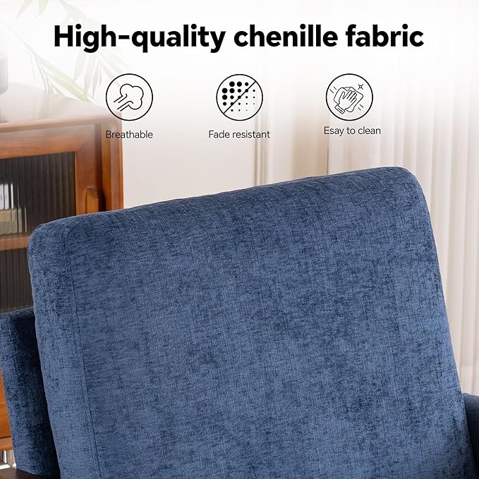 Mid Century Modern Accent Chair with Wood Frame, Upholstered Living Room Chairs with Wide Armrest, Chenille Fabric Comfy Arm Chair for Bedroom, Reading Room, Balcony, Navy