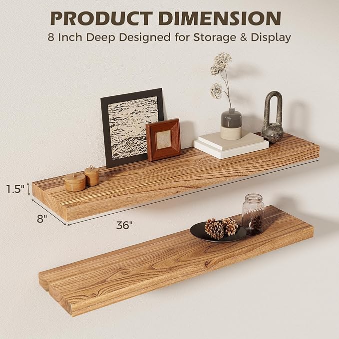 36 Inch Floating Shelves for Wall, 8"D High End Solid Hardwood Shelves for Decor Storage, Rustic Wall Shelves with Invisible Heavy Duty Brackets for Living Room, Kitchen, Bathroom, Natural, 2 Pack
