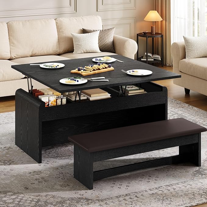 Coffee Table Lift Top, 40'' Multi-Function Coffee Table Set with Bench & Hidden Compartment, Center Table w/Curved Corner, Converts to Home Office Table, Dining Table for Living Room, Black