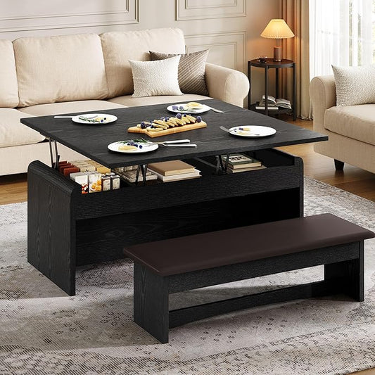 Coffee Table Lift Top, 40'' Multi-Function Coffee Table Set with Bench & Hidden Compartment, Center Table w/Curved Corner, Converts to Home Office Table, Dining Table for Living Room, Black