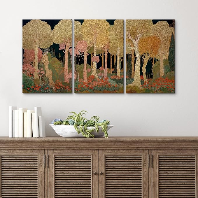 wall26 Canvas Print Wall Art Set Art Nouveau Golden Forest Whimsical Vintage Tree and FloralDecorative Minimal Relax/Zen for Living Room, Bedroom, Office - 24"x36" x 3