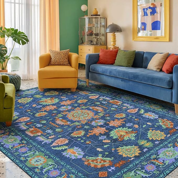 Kokia 9x12 Area Rugs Living Room Washable Non Slip Low Pile Vintage Oushak Stain Resistant Soft Large Oriental Rugs for Bedroom, Dining Room, Kitchen, Indoor Leisure Rooms, Nova Peacock