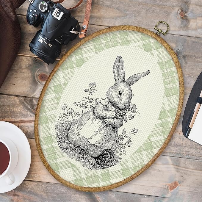 CGBHW Vintage Bunny Nursery Oval Wall Art Decor, Grandmillennial Floral Bunnyxxx Canvas Prints Framed, Rustic Easter Rabbit Wall Art Hanging Decor for Nursery Home Kitchen Bedroom Living Room, 8.6x11.4 Inch