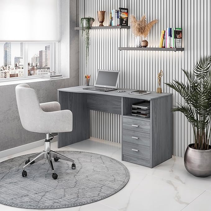 Techni Mobili 51" W Classic Computer Desk with Drawers, 3-Drawer Home Office Desk with Storage (Light Grey)