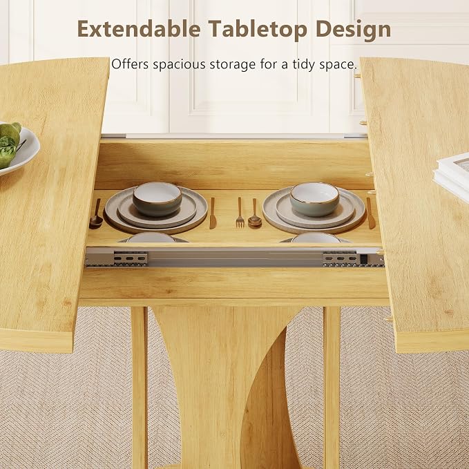 Einhomn 59" Extendable Round Dining Table for 6-8, Kitchen Table with Sturdy Double Arc Base & Backboard Clasp Desktop, Mid-Century Modern Dinner Table, Kitchen Dining Room, Space Saving, Natrual