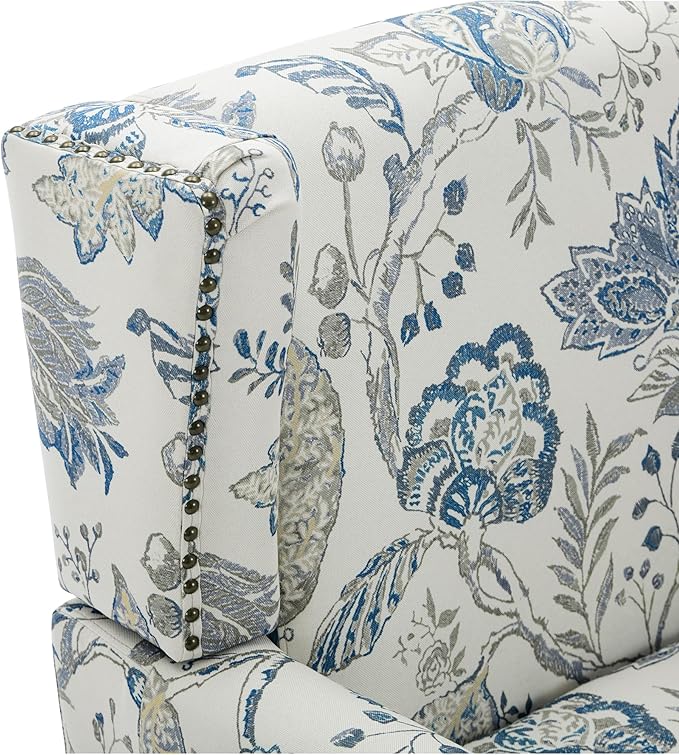 High Back Floral Accent Chairs Set of 2, Upholstered Armchair in Fabric, Retro Printed Wingback Arm Chair for Living Room, Nailhead Trim Single Sofa Bedroom Reading Seat - Plants Blue