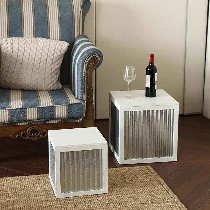 COLLECTIVE HOME - Wood Storage Ottoman, Rustic Stool, 2 Pack Cube Seat Foot Rest, Accent Side Table, Metal Bin for Living Room Furniture, 16"/12" (White, Corrugated Iron)