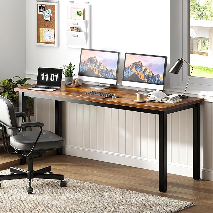Need 63 Inch Large Computer Desk - Modern Simple Style Home Office Gaming Desk, Basic Work from Home Writing Table for Study Student, Large Legroom, Black Metal Frame, Rustic Brown