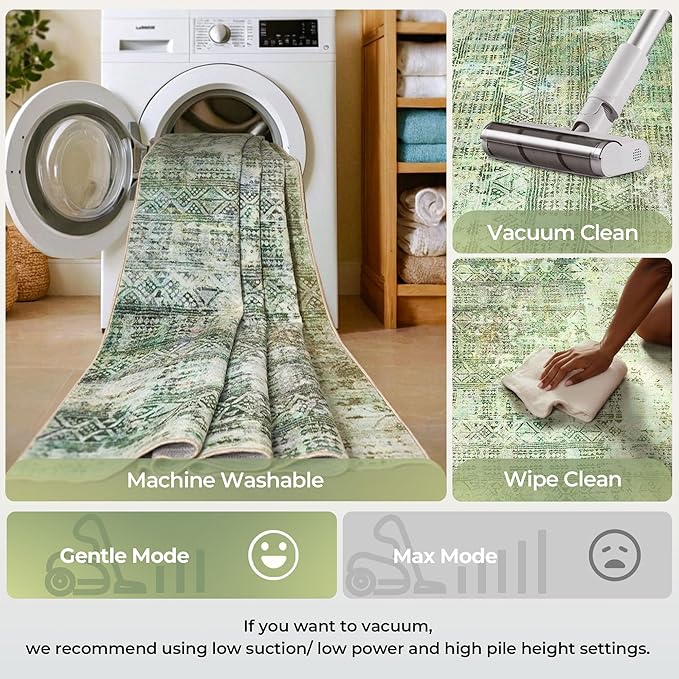 Kokia Abstract Green Area Rugs Washable Indoor 6x9 Rug Boho Distressed Retro Low Pile Non-Slip Non-Shedding Carpet Bedroom Living Room Dining Room, Sage Green