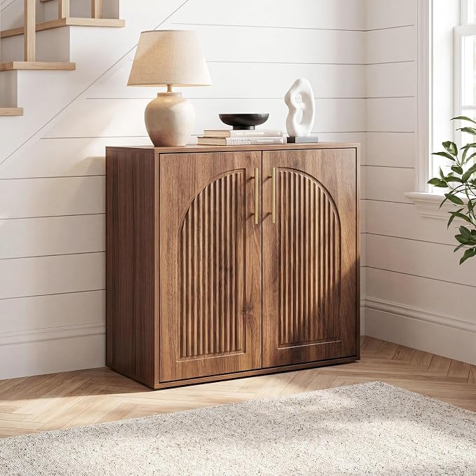 Fluted Sideboard Buffet Cabinet with Storage, Arched Doors & Adjustable Shelves, Modern Accent Credenza, Anti-Tip Console Cabinet for Living Room, Entryway, Hallway & Kitchen, Walnut