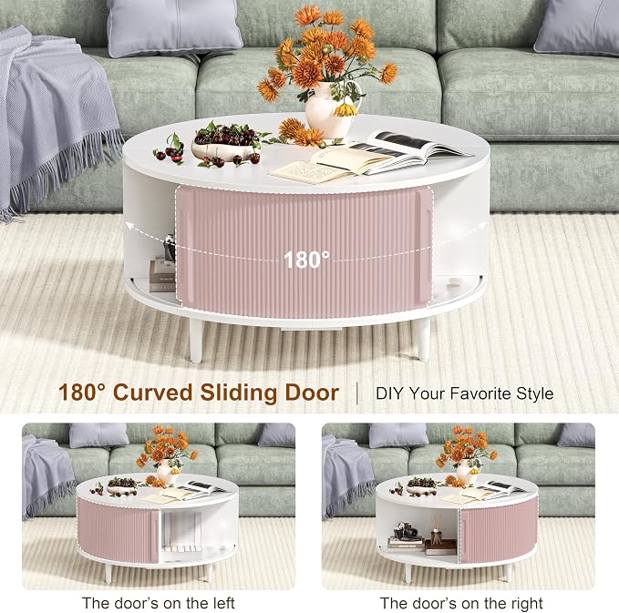 Round Coffee Table, 31.5" Fluted Center Table with Storage, Lift-Top Coffee Table with Adjustable Footpads, Sliding Door, Mid-Century Modern Center Table for Living Room, Small Space (Pure White)