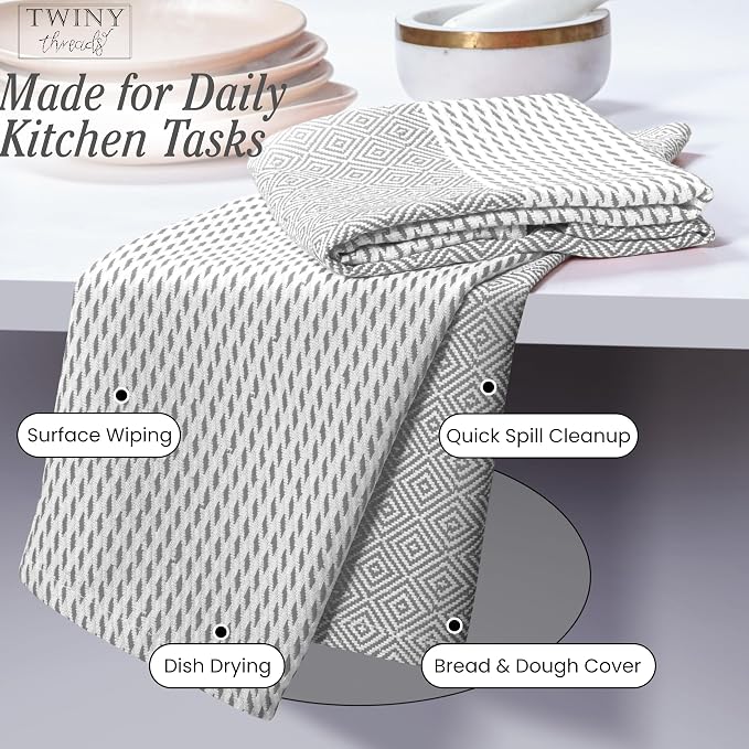 TWINY threads Dish Towel Diamond Weave, Premium 100% Cotton Kitchen Linen Set, Large Dish Rags and Wash Rags, Absorbent Quick Drying, Washable Reusable Dishcloth Set, 4 Pack, 18"x26", Light Grey