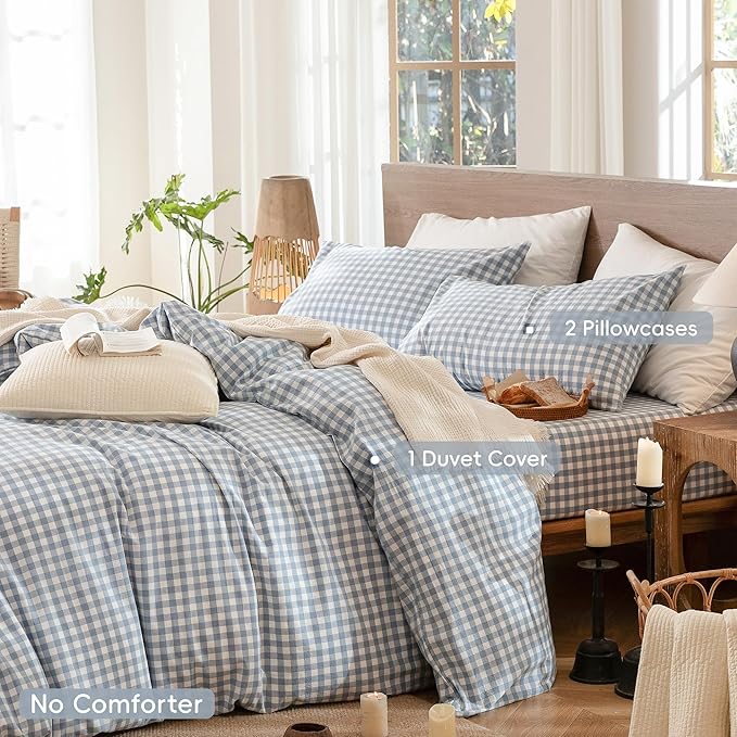 MooMee Gingham Duvet Cover Set 100% Washed Cotton Linen Like Textured Breathable Durable Soft Comfy Modern Checkered Design (Classic Gingham Cornflower Blue, King 104"x90")