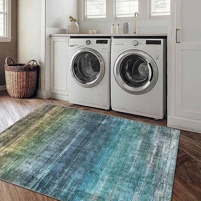 Kokia Abstract Area Rug Living Room 5x7 Colorful Washable Large Rug Bedroom Living Room Under Dining Table Soft Non Slip Stain Resistant Blue Carpet Room Decor, Oslo Teal