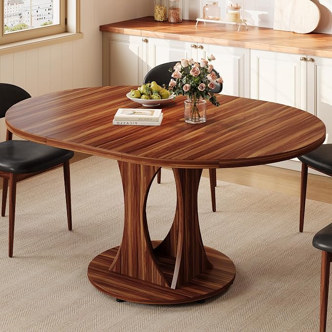 Einhomn 59" Extendable Round Dining Table for 6-8, Kitchen Table with Sturdy Double Arc Base & Backboard Clasp Desktop, Mid-Century Modern Dinner Table, Kitchen Dining Room, Space Saving, Walnut