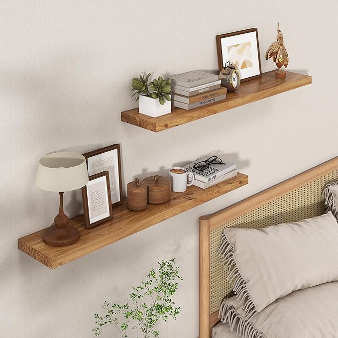 Axeman Floating Shelves for Wall, 8 Inch Deep Rustic Solid Elm Wood Wall Shelves for Storage, Wall Mounted Display Shelving with Invisible Heavy-Duty Metal Bracket, 36'' Width Set of 2, Natural