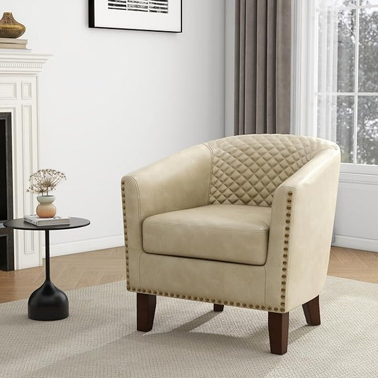 UIXE Faux Leather Accent Chair, Barrel Club Chair Upholstered Armchair for Living Room, Comfy Modern Round Arm Chair Bedroom Reading Seat - Beige