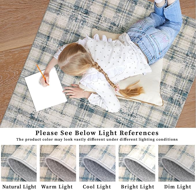 Washable Area Rugs 4x6 Rug for Living Room Modern Plaid Rugs for Bedroom Farmhouse Non Slip Entryway Rug Soft Nursery Rugs Stain Resistant Carpet for Entrance Dining Room 4'x6' Green/Beige