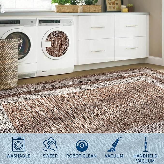 GarveeHome Extra Large Area Rug 10x13 Modern Geometric Rug with Non Slip Rubber Backing, Thin Washable Foldable Carpets, Soft Low Pile Non Shedding Printed Floor Mats for Hotel Office, Brown