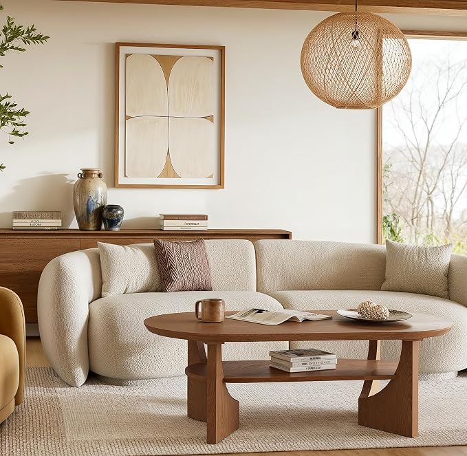 Mid Century Modern Coffee Table, 47" Oval Wood Coffee Tables for Living Room, 2 Tier Curved Round Center Table with Storage Shelf & Sturdy Base, Minimalist Retro Tea Tables