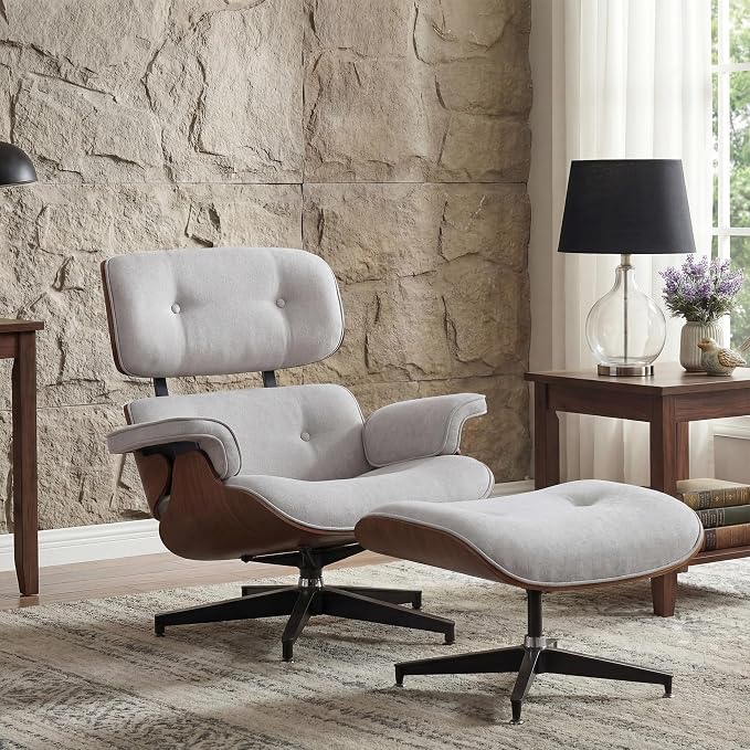 Chaise Lounge Chair with Ottoman, Top Black Grain Leather Recliner Chair, Modern Classic Office Chair with Ergonomic Lumbar Support, Heavy Duty Base Support for Bedroom Living Room Office (Grey)