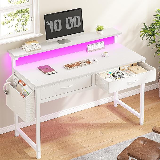 DurayLoly Computer Desk with 2 Drawers & LED Lights,39.4 Inch Home Office Desks with Side Pocket and Monitor Stand,Study Writing Table for Small Spaces,White