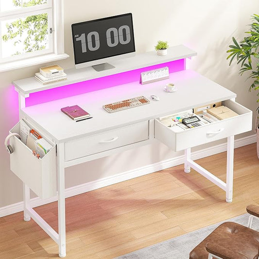 DurayLoly Computer Desk with 2 Drawers & LED Lights,39.4 Inch Home Office Desks with Side Pocket and Monitor Stand,Study Writing Table for Small Spaces,White